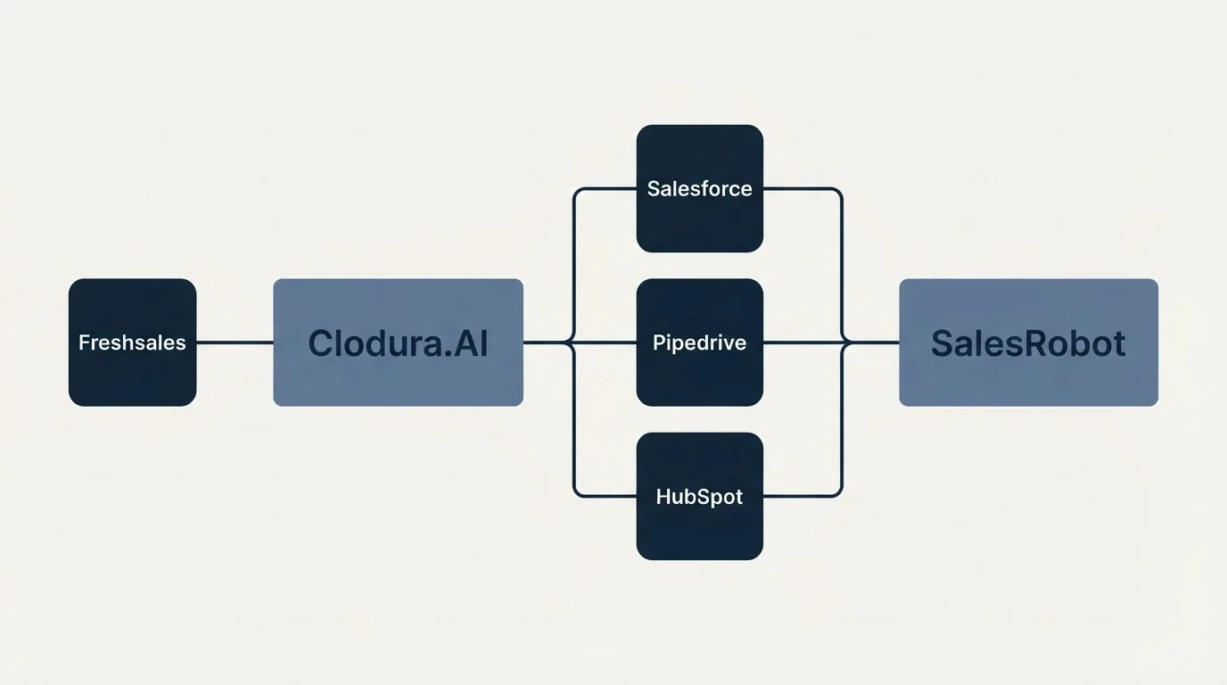 Integration schematic: Integration Ecosystem (Clodura.AI, SalesRobot, Salesforce, Pipedrive)