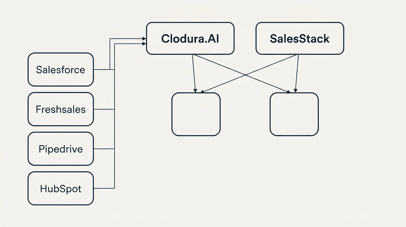 Integration grid: Integration Ecosystem (Clodura.AI, SalesStack, Salesforce, Freshsales)