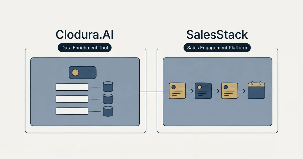 Side-by-side panels: Clodura.AI vs SalesStack (Data Enrichment Tool, Sales Engagement Platform)