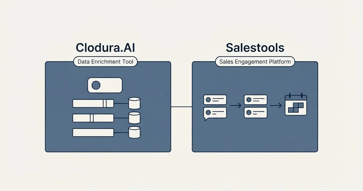 Side-by-side panels: Clodura.AI vs Salestools (Data Enrichment Tool, Sales Engagement Platform)