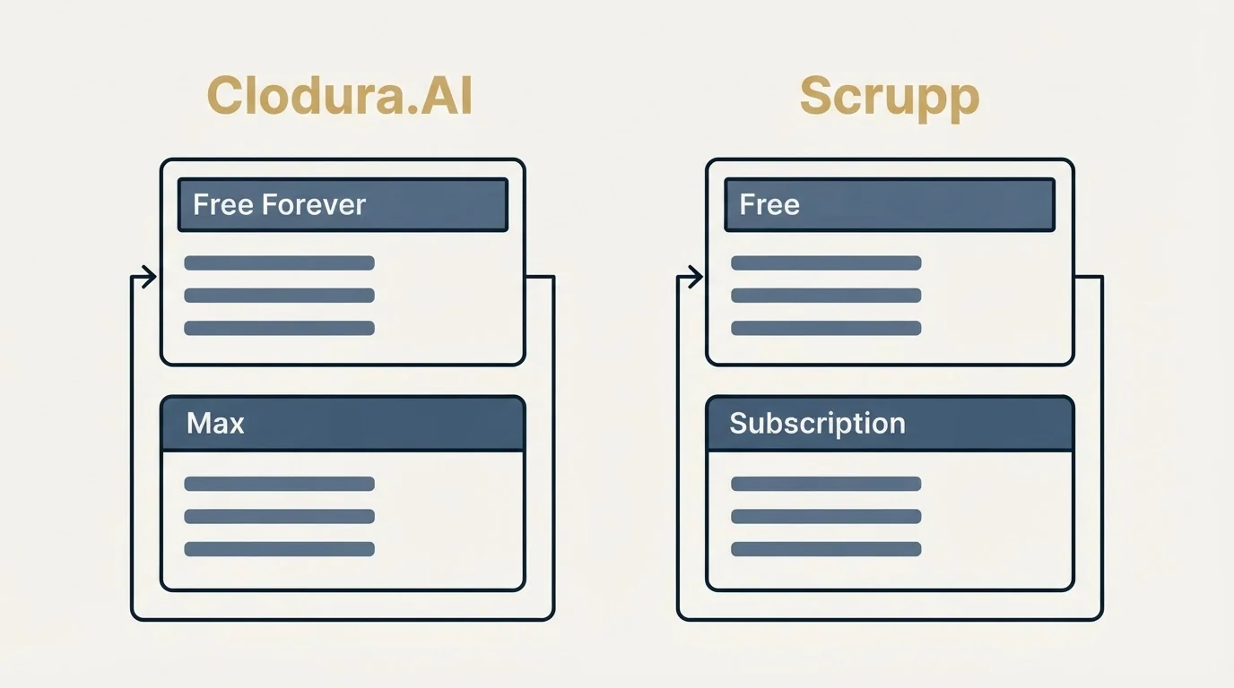 Pricing panels: Pricing Comparison (Clodura.AI, Scrupp, Free Forever, Free)