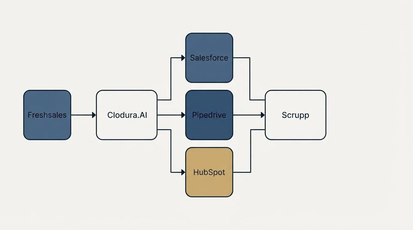 Integration flow: Integration Ecosystem (Clodura.AI, Scrupp, Salesforce, Pipedrive)