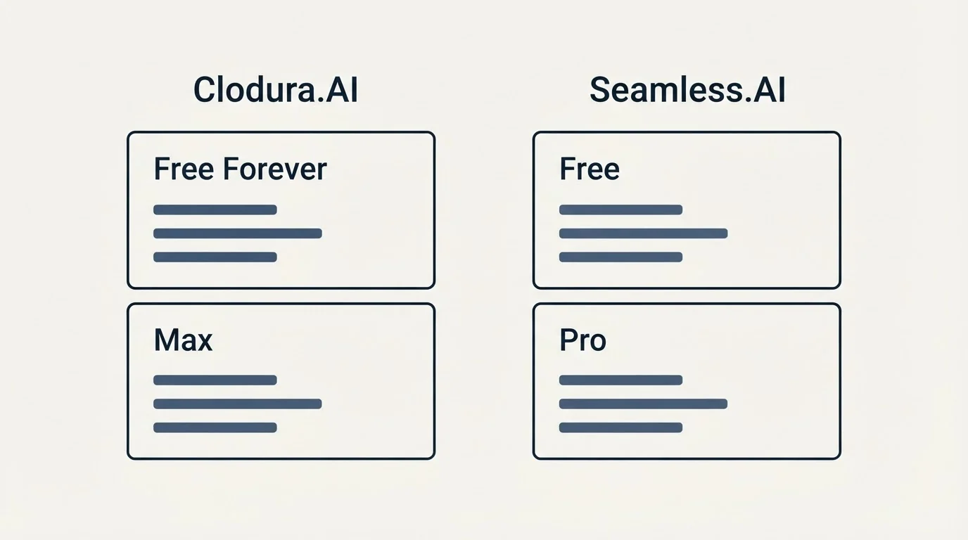 Pricing panels: Pricing Comparison (Clodura.AI, Seamless.AI, Free Forever, Free)