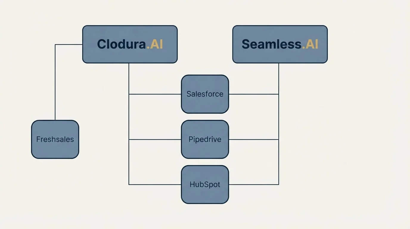 Integration grid: Integration Ecosystem (Clodura.AI, Seamless.AI, Salesforce, Pipedrive)