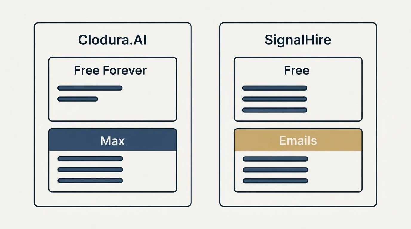 Pricing panels: Pricing Comparison (Clodura.AI, SignalHire, Free Forever, Free)