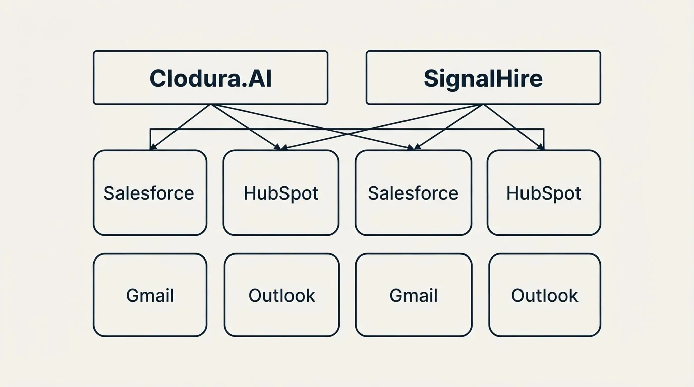 Integration grid: Integration Ecosystem (Clodura.AI, SignalHire, Salesforce, HubSpot)