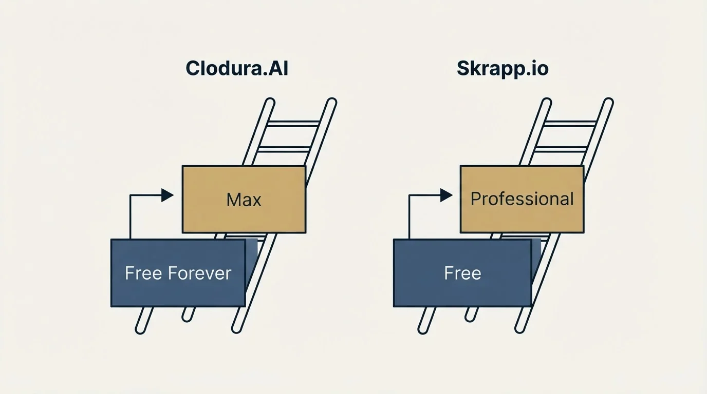 Pricing ladder: Pricing Comparison (Clodura.AI, Skrapp.io, Free Forever, Free)