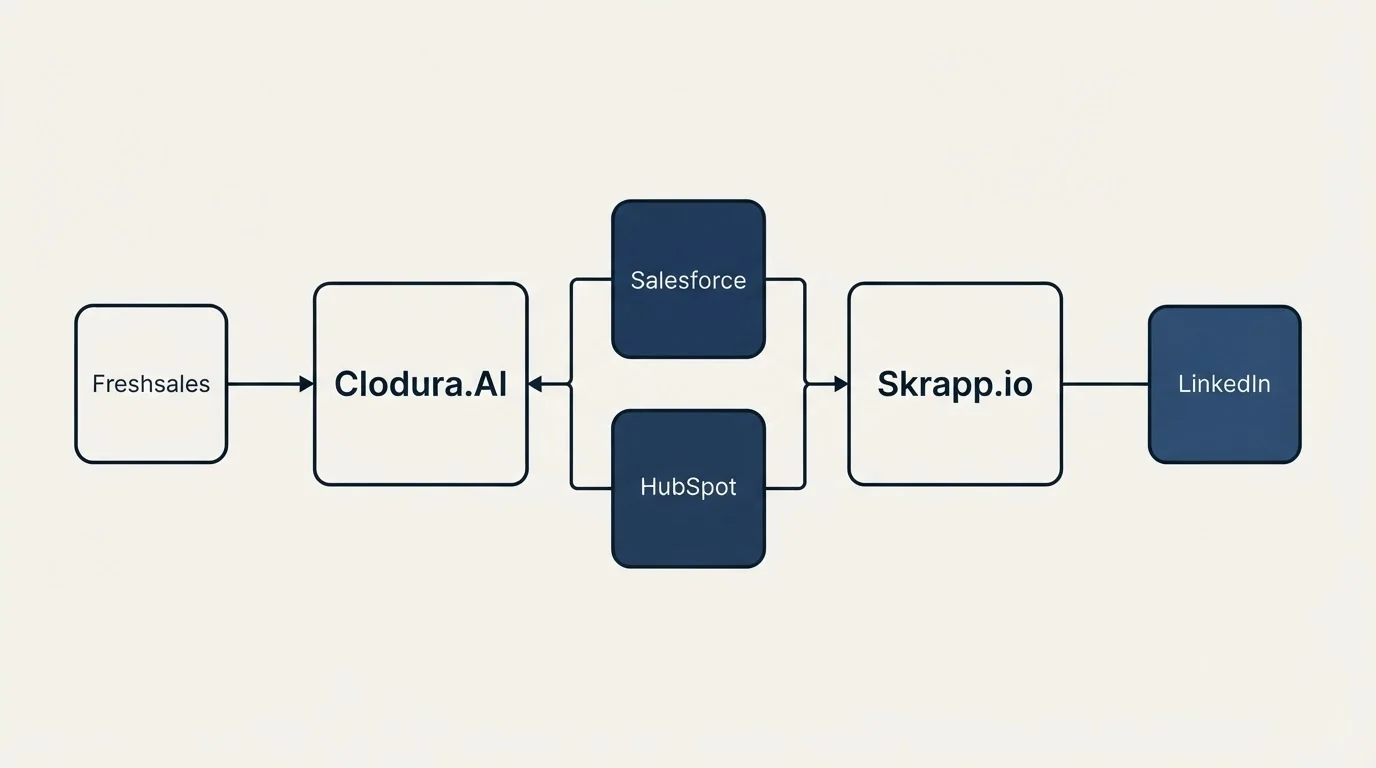 Integration flow: Integration Ecosystem (Clodura.AI, Skrapp.io, Salesforce, HubSpot)