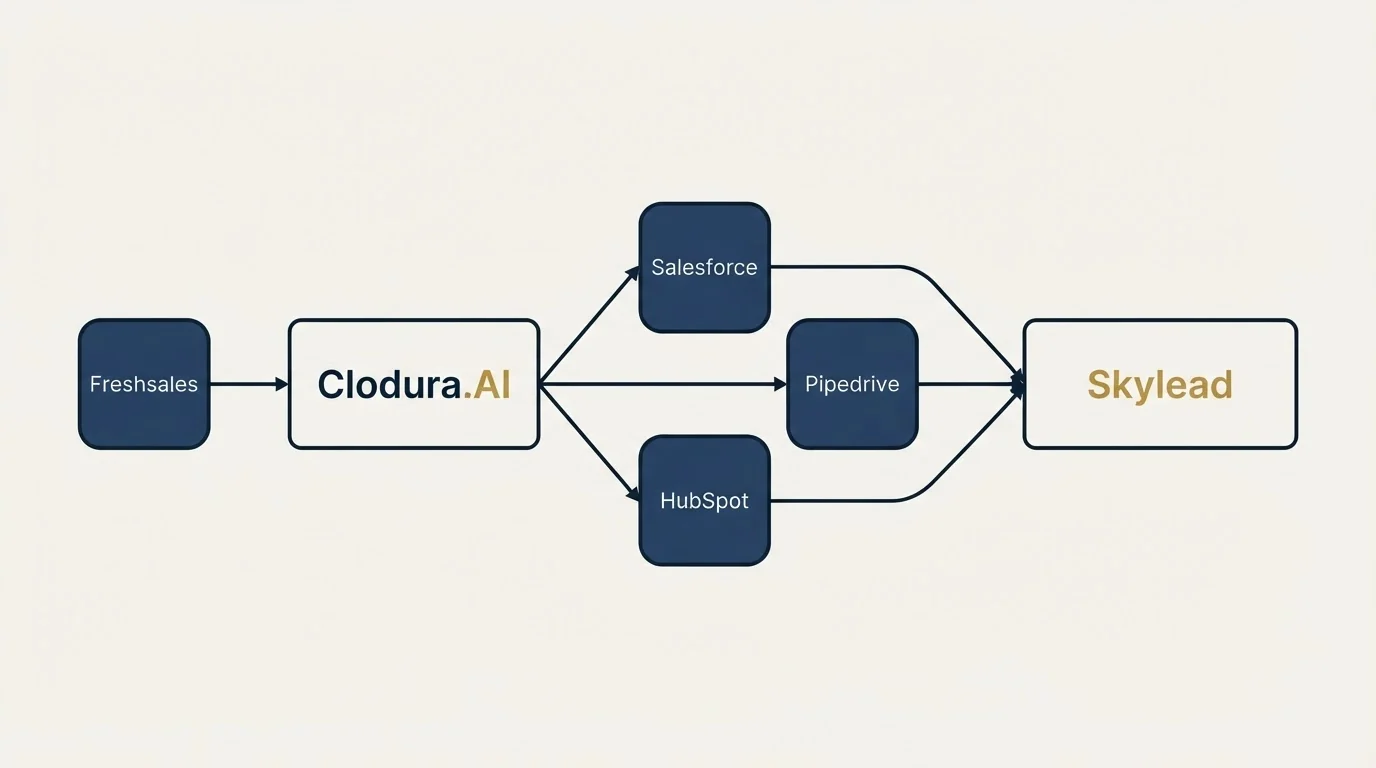 Integration schematic: Integration Ecosystem (Clodura.AI, Skylead, Salesforce, Pipedrive)