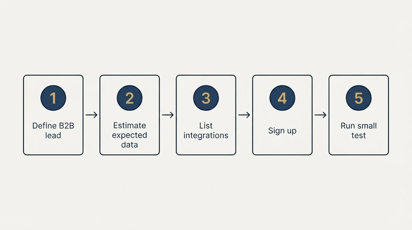 Step sequence: Getting Started Checklist (Define B2B lead, Estimate expected data, List integrations, Sign up)