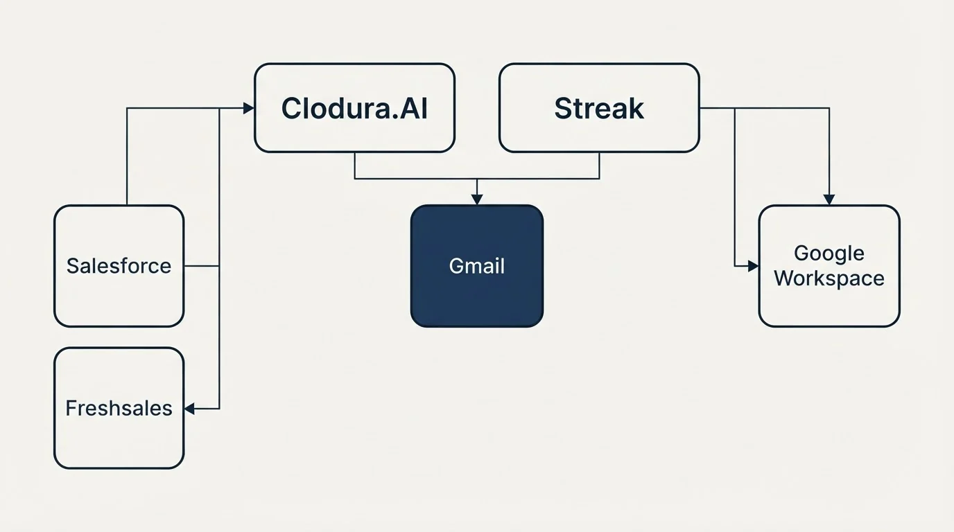Integration grid: Integration Ecosystem (Clodura.AI, Streak, Gmail, Salesforce)