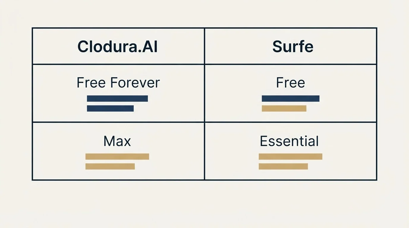 Pricing table: Pricing Comparison (Clodura.AI, Surfe, Free Forever, Free)