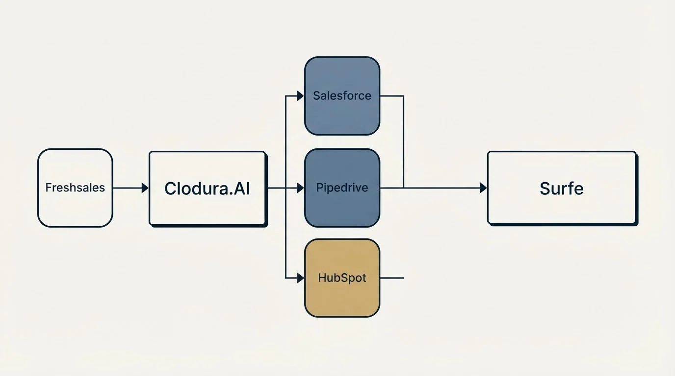Integration flow: Integration Ecosystem (Clodura.AI, Surfe, Salesforce, Pipedrive)