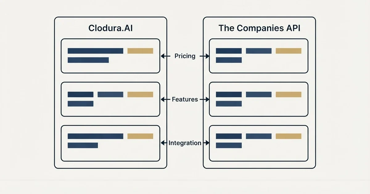 Comparison panel: Clodura.AI vs The Companies API (Pricing, Features, Integration)