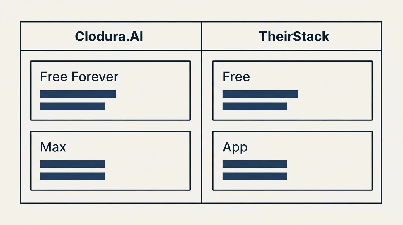 Pricing table: Pricing Comparison (Clodura.AI, TheirStack, Free Forever, Free)