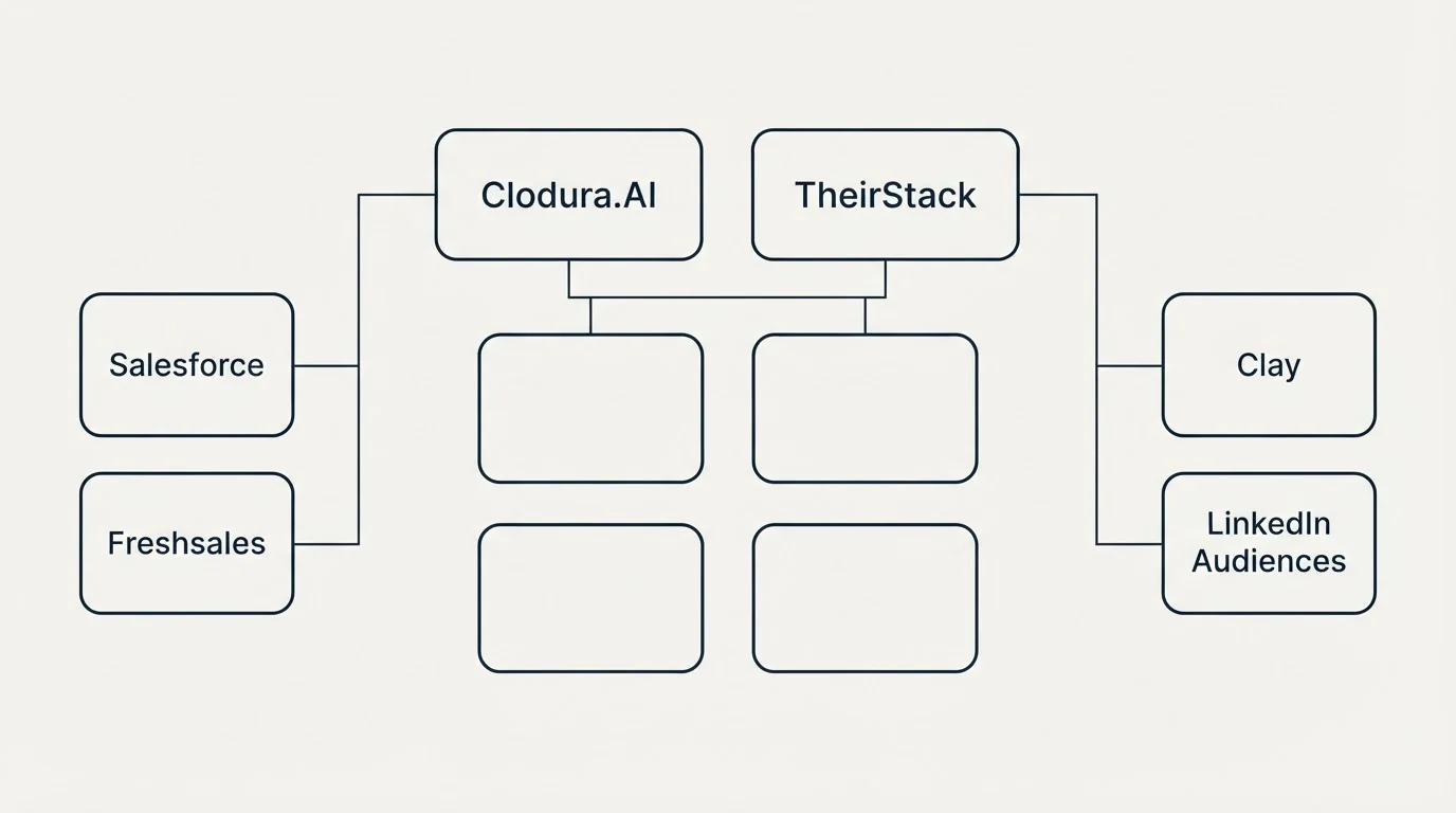 Integration grid: Integration Ecosystem (Clodura.AI, TheirStack, Salesforce, Clay)