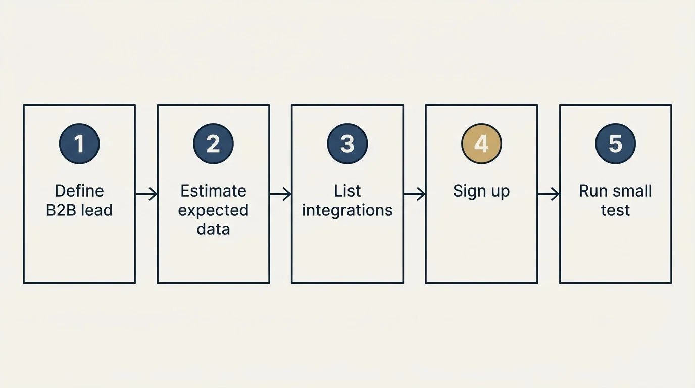 Step sequence: Getting Started Checklist (Define B2B lead, Estimate expected data, List integrations, Sign up)