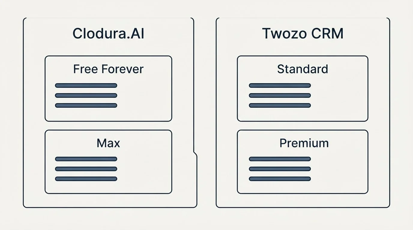 Pricing panels: Pricing Comparison (Clodura.AI, Twozo CRM, Free Forever, Standard)