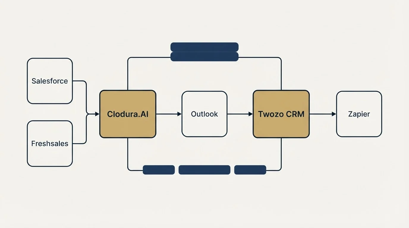 Integration schematic: Integration Ecosystem (Clodura.AI, Twozo CRM, Outlook, Salesforce)