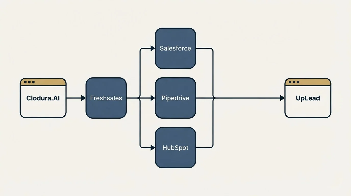 Integration flow: Integration Ecosystem (Clodura.AI, UpLead, Salesforce, Pipedrive)