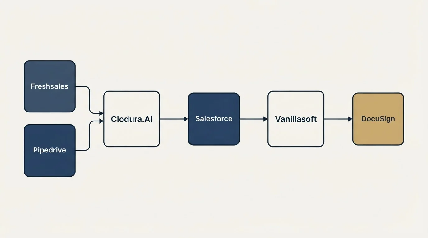 Integration schematic: Integration Ecosystem (Clodura.AI, Vanillasoft, Salesforce, Freshsales)