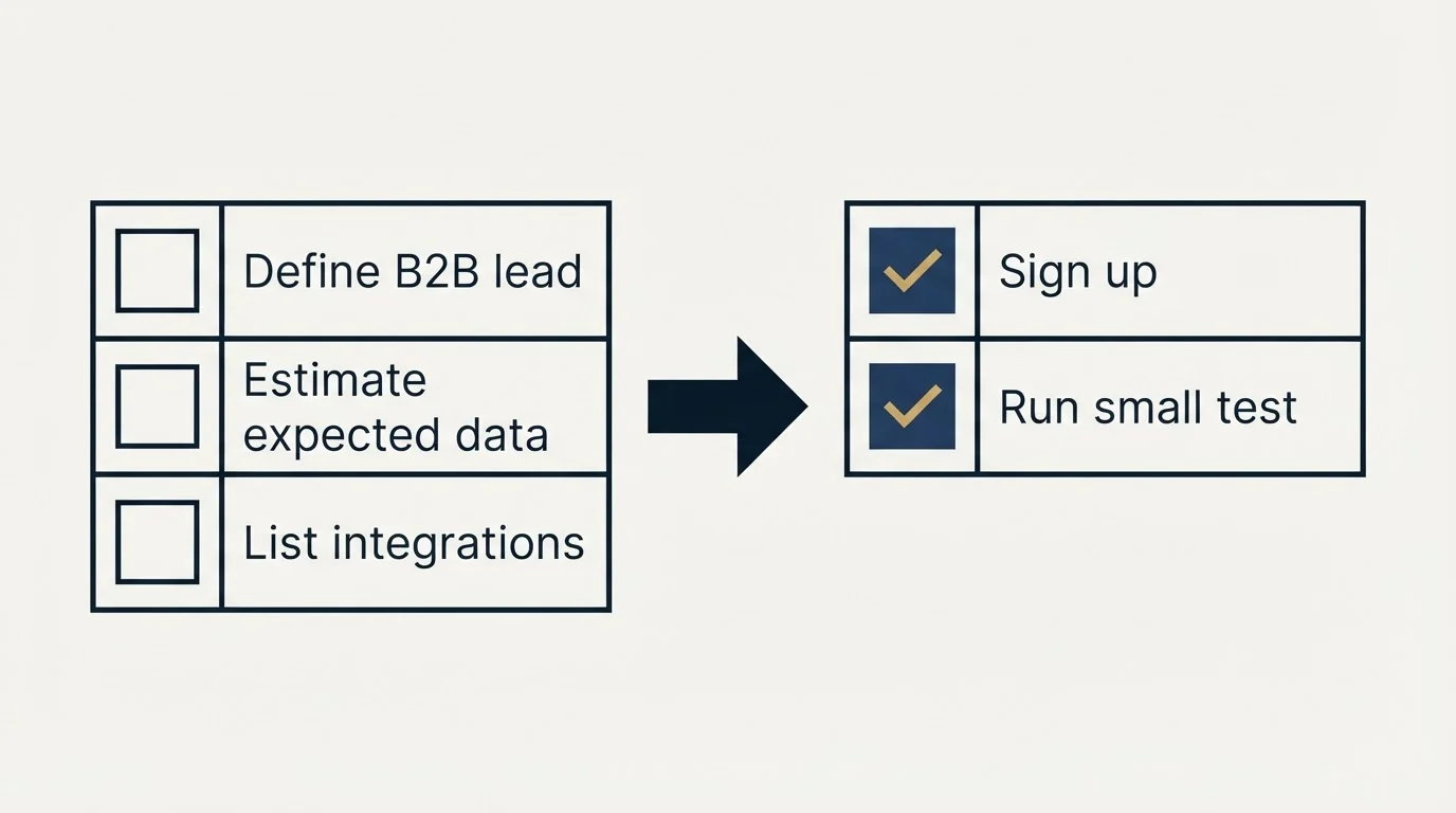 Before-and-after steps: Getting Started Checklist (Define B2B lead, Estimate expected data, List integrations, Sign up)