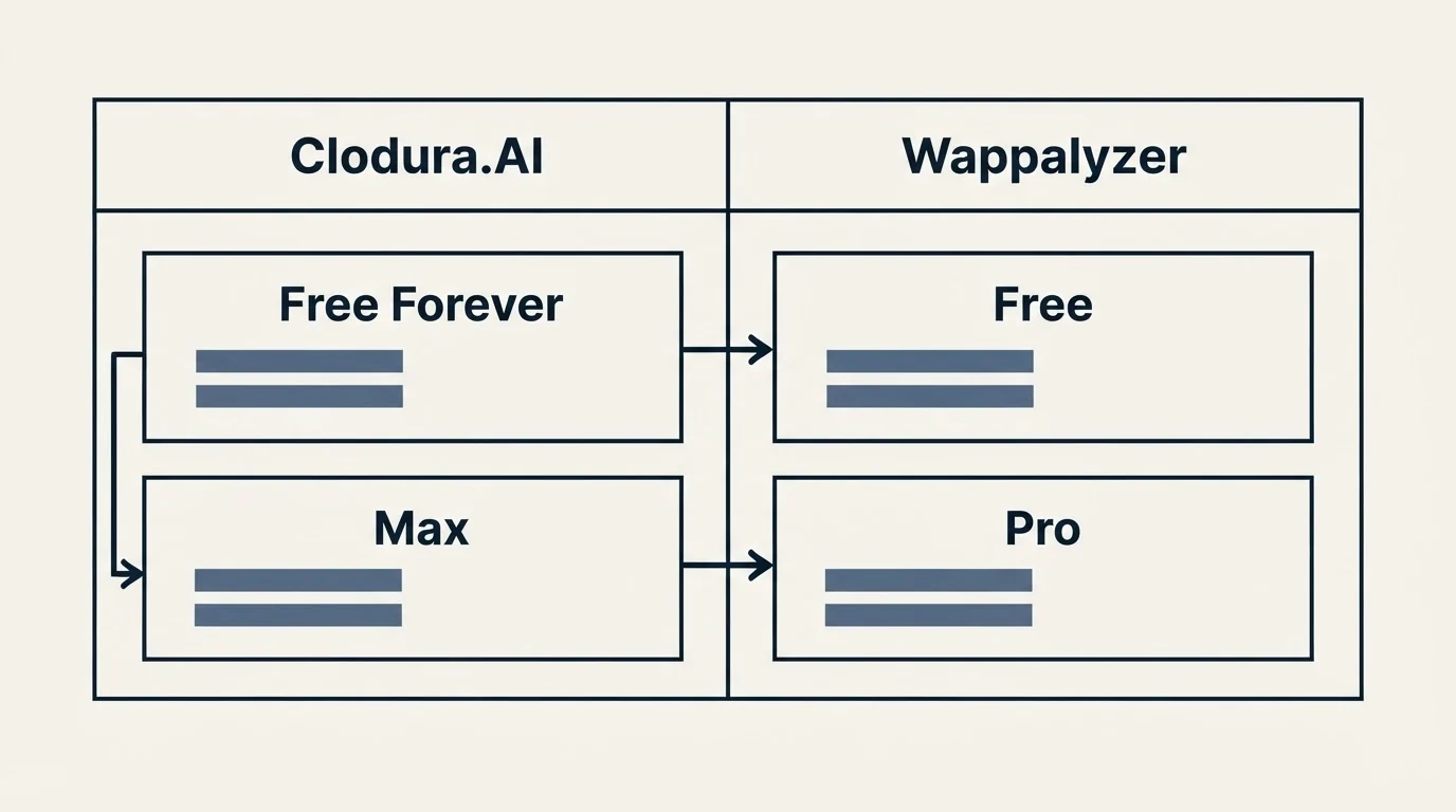 Pricing table: Pricing Comparison (Clodura.AI, Wappalyzer, Free Forever, Free)