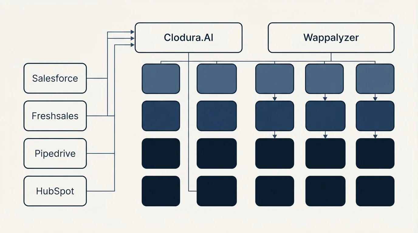 Integration grid: Integration Ecosystem (Clodura.AI, Wappalyzer, Salesforce, Freshsales)