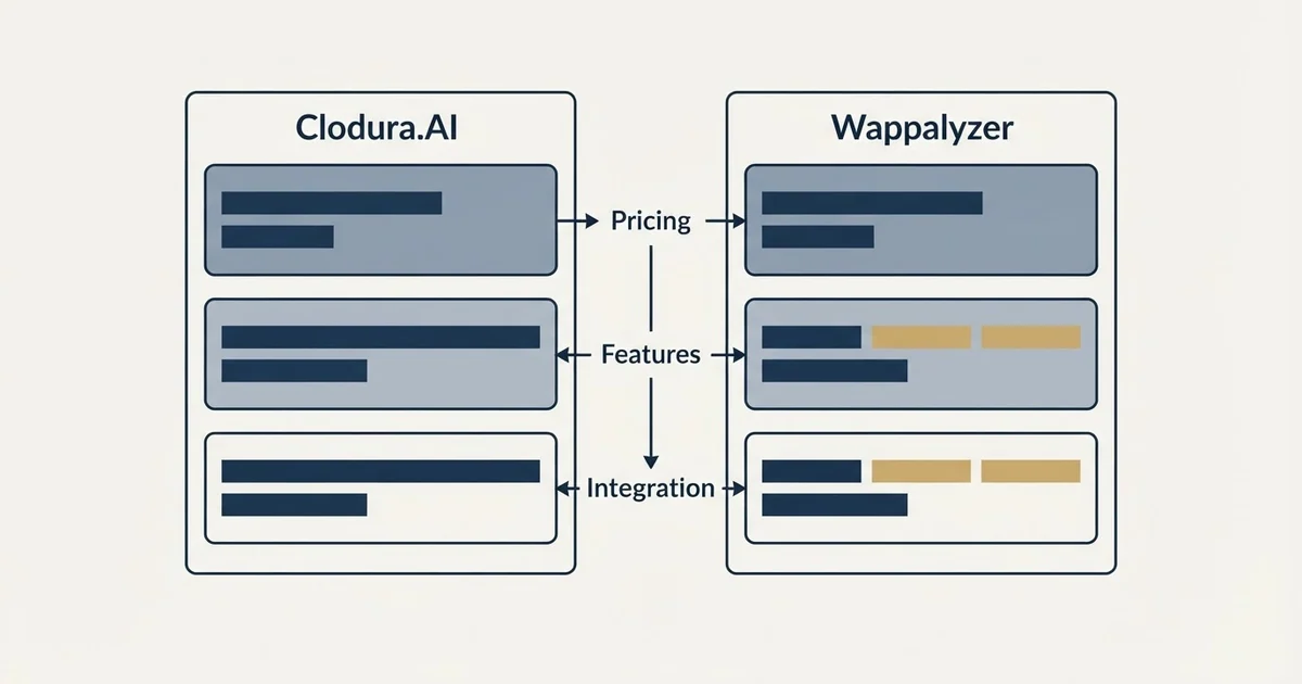 Comparison panel: Clodura.AI vs Wappalyzer (Pricing, Features, Integration)