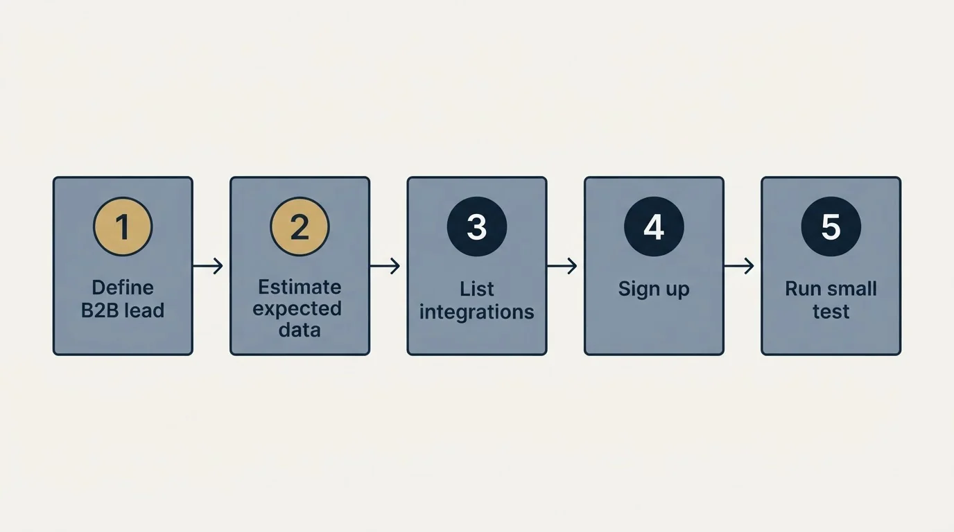 Step sequence: Getting Started Checklist (Define B2B lead, Estimate expected data, List integrations, Sign up)