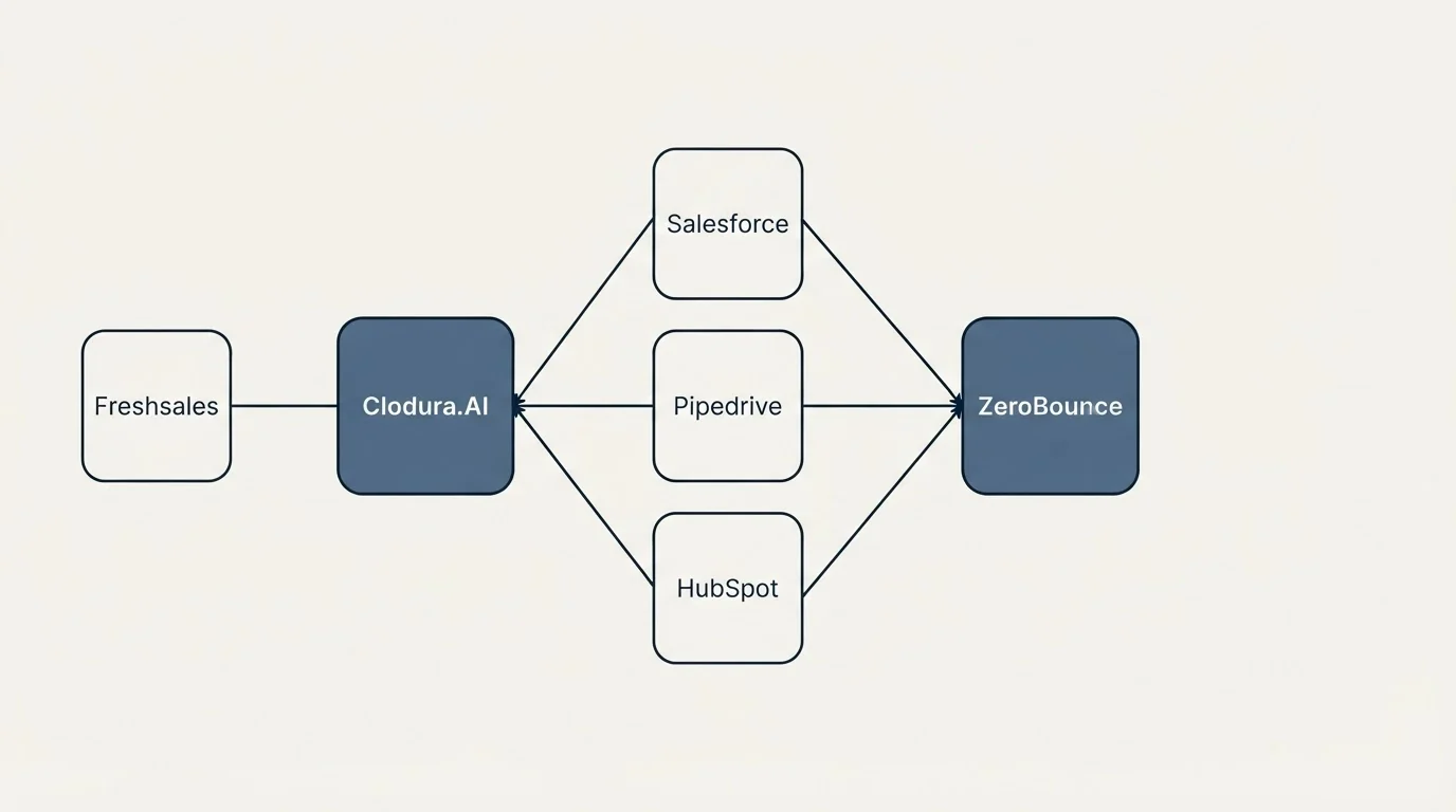 Integration schematic: Integration Ecosystem (Clodura.AI, ZeroBounce, Salesforce, Pipedrive)