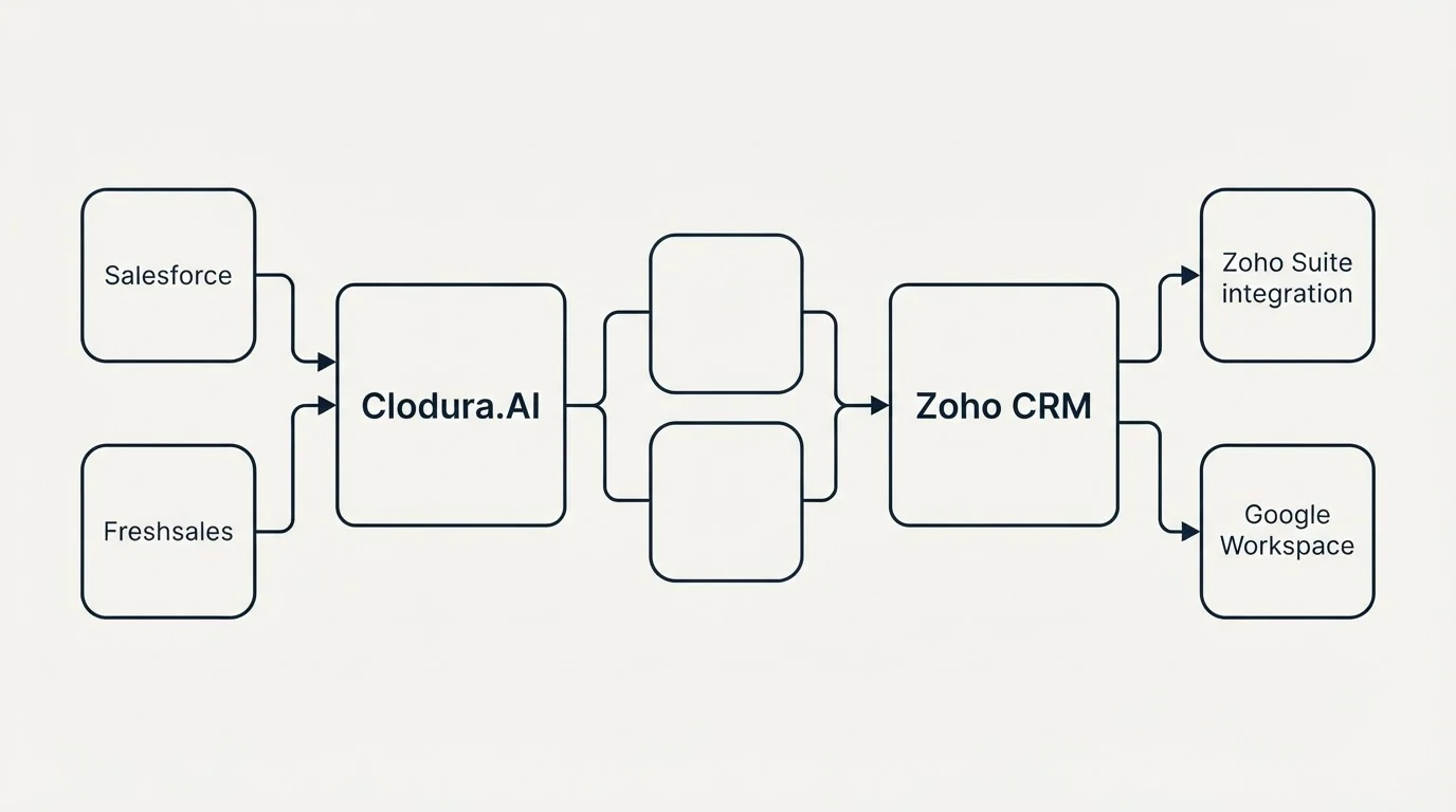 Integration schematic: Integration Ecosystem (Clodura.AI, Zoho CRM, Salesforce, Zoho Suite integration)