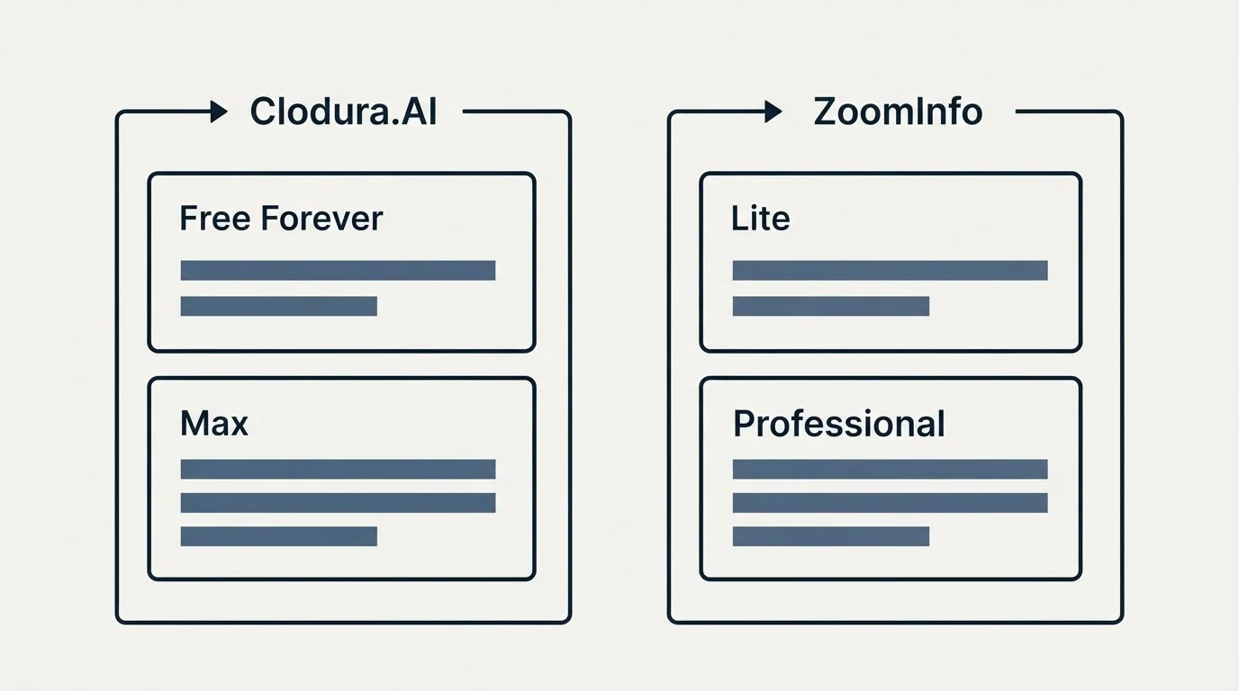 Pricing panels: Pricing Comparison (Clodura.AI, ZoomInfo, Free Forever, Lite)