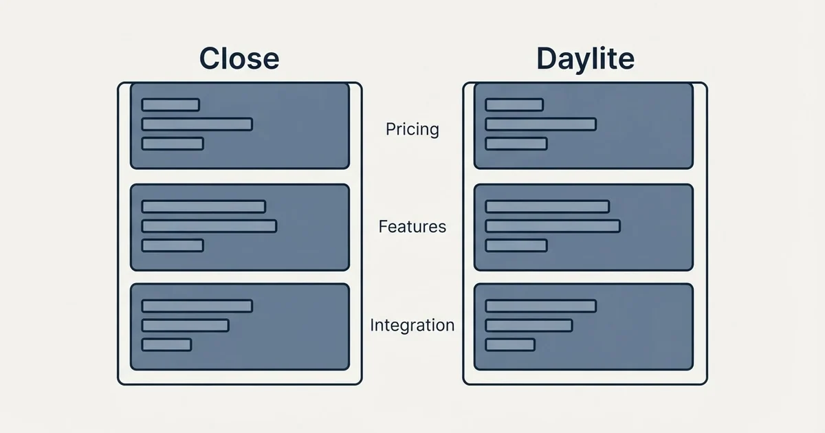 Comparison panel: Close vs Daylite (Pricing, Features, Integration)
