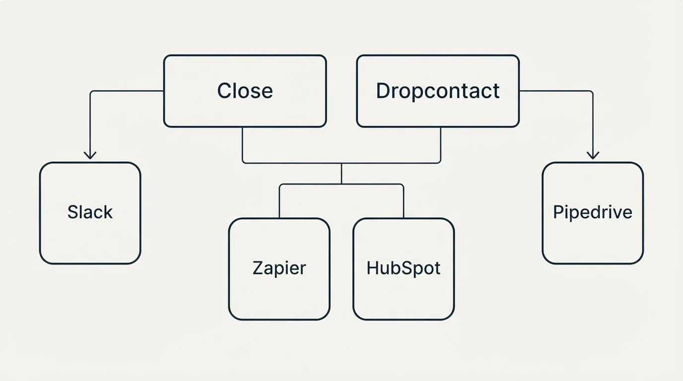 Integration grid: Integration Ecosystem (Close, Dropcontact, Zapier, HubSpot)