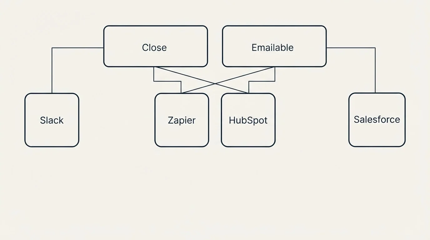Integration grid: Integration Ecosystem (Close, Emailable, Zapier, HubSpot)
