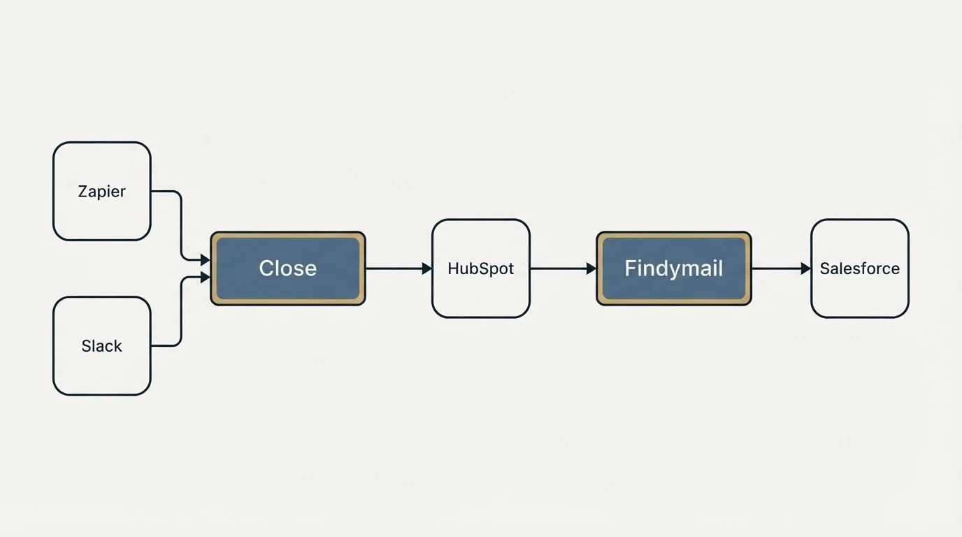 Integration schematic: Integration Ecosystem (Close, Findymail, HubSpot, Zapier)