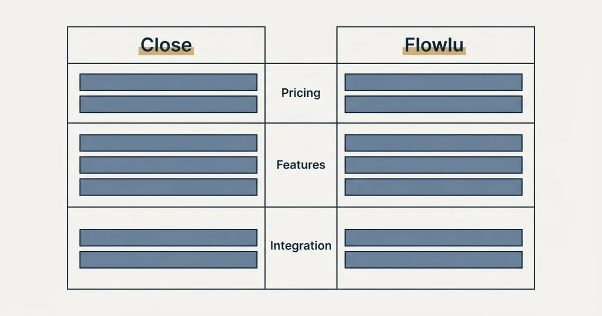 Comparison panel: Close vs Flowlu (Pricing, Features, Integration)