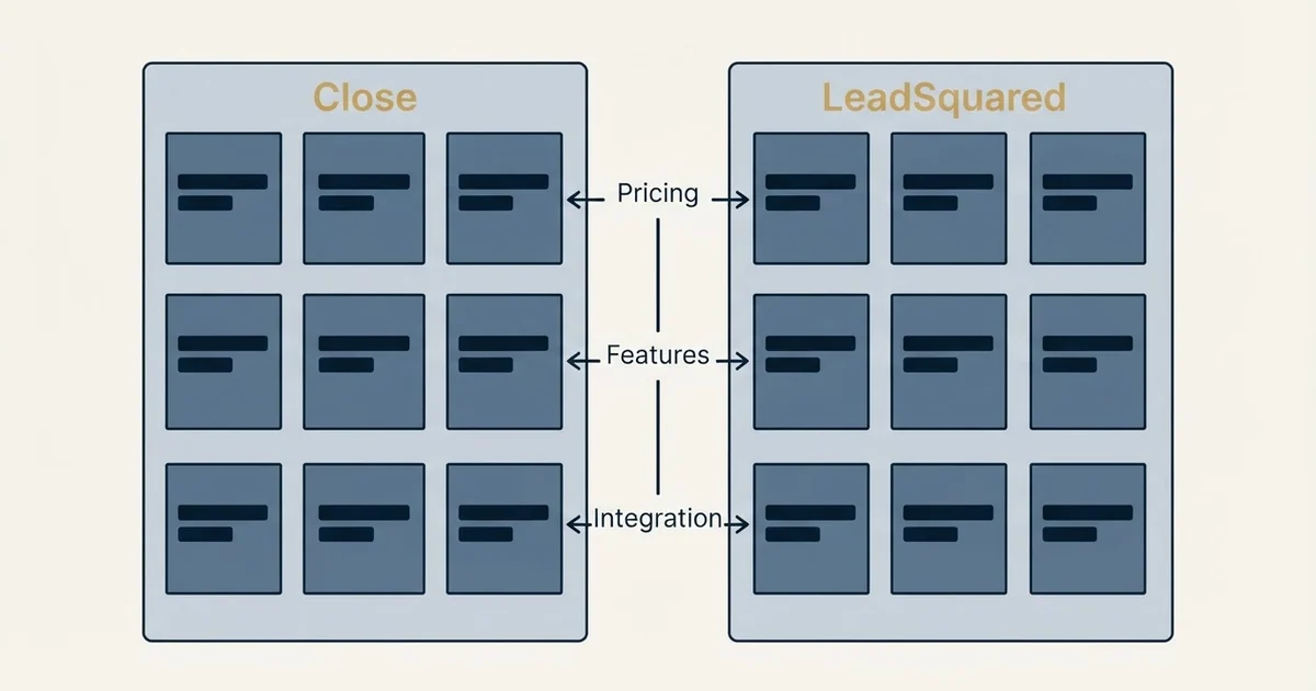 Comparison panel: Close vs LeadSquared (Pricing, Features, Integration)