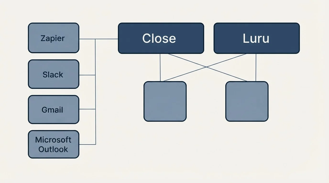 Integration grid: Integration Ecosystem (Close, Luru, Zapier, Slack)