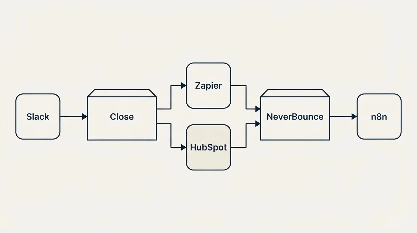 Integration flow: Integration Ecosystem (Close, NeverBounce, Zapier, HubSpot)