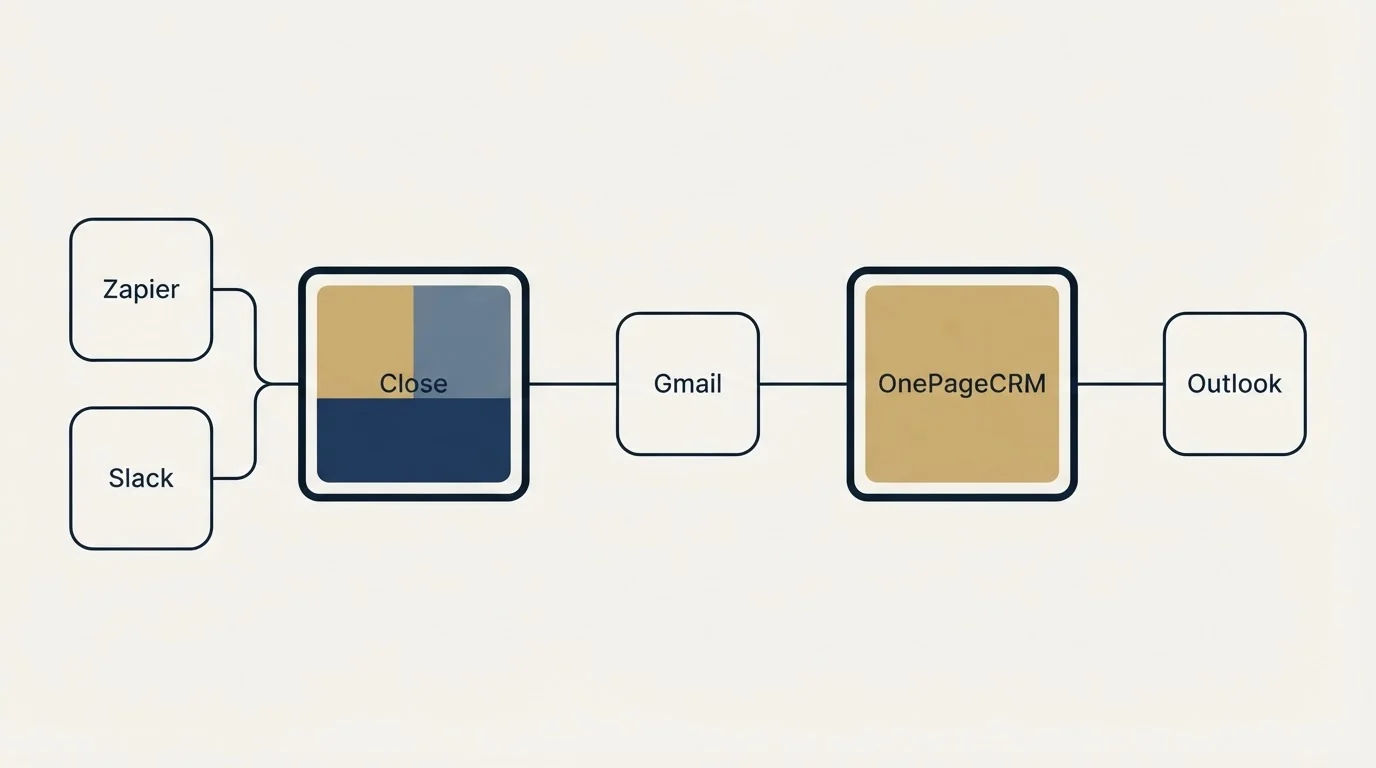 Integration schematic: Integration Ecosystem (Close, OnePageCRM, Gmail, Zapier)