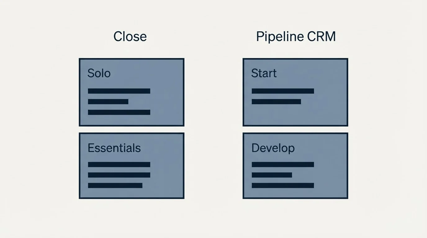 Pricing panels: Pricing Comparison (Close, Pipeline CRM, Solo, Start)