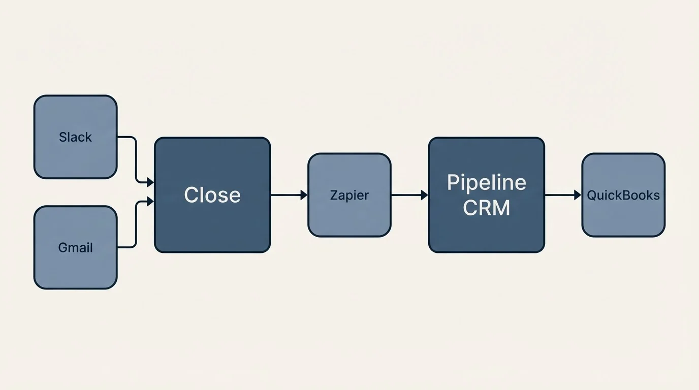 Integration schematic: Integration Ecosystem (Close, Pipeline CRM, Zapier, Slack)