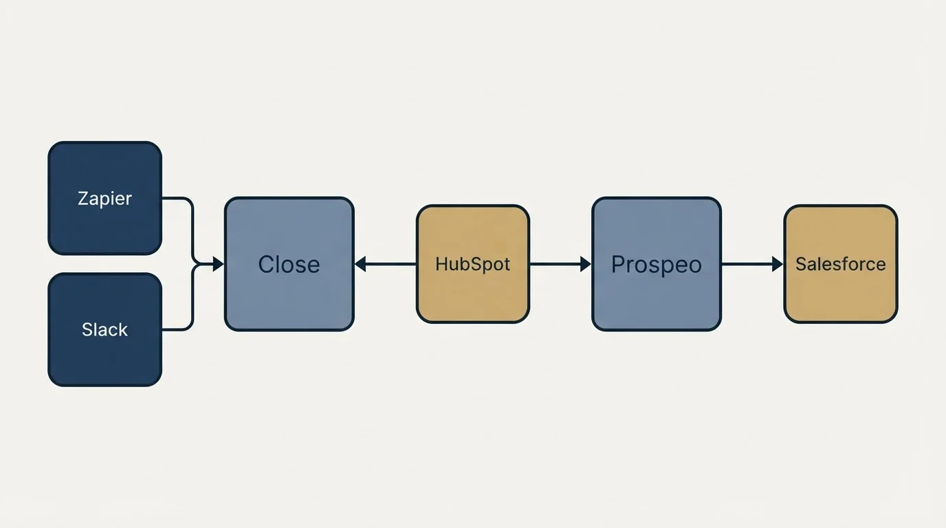 Integration schematic: Integration Ecosystem (Close, Prospeo, HubSpot, Zapier)