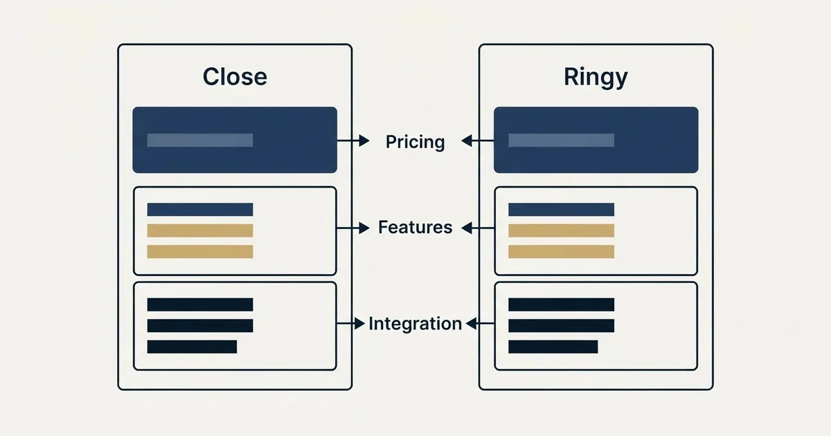 Comparison panel: Close vs Ringy (Pricing, Features, Integration)