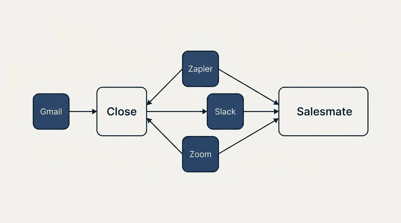 Integration schematic: Integration Ecosystem (Close, Salesmate, Zapier, Slack)