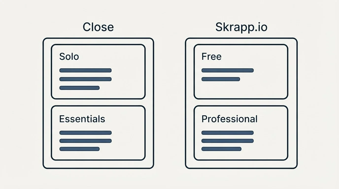 Pricing panels: Pricing Comparison (Close, Skrapp.io, Solo, Free)