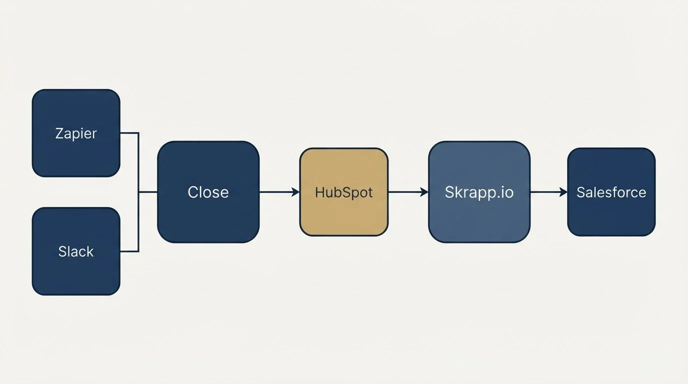 Integration schematic: Integration Ecosystem (Close, Skrapp.io, HubSpot, Zapier)