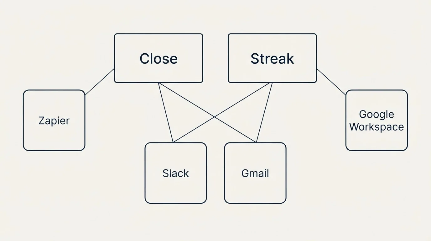 Integration grid: Integration Ecosystem (Close, Streak, Slack, Gmail)